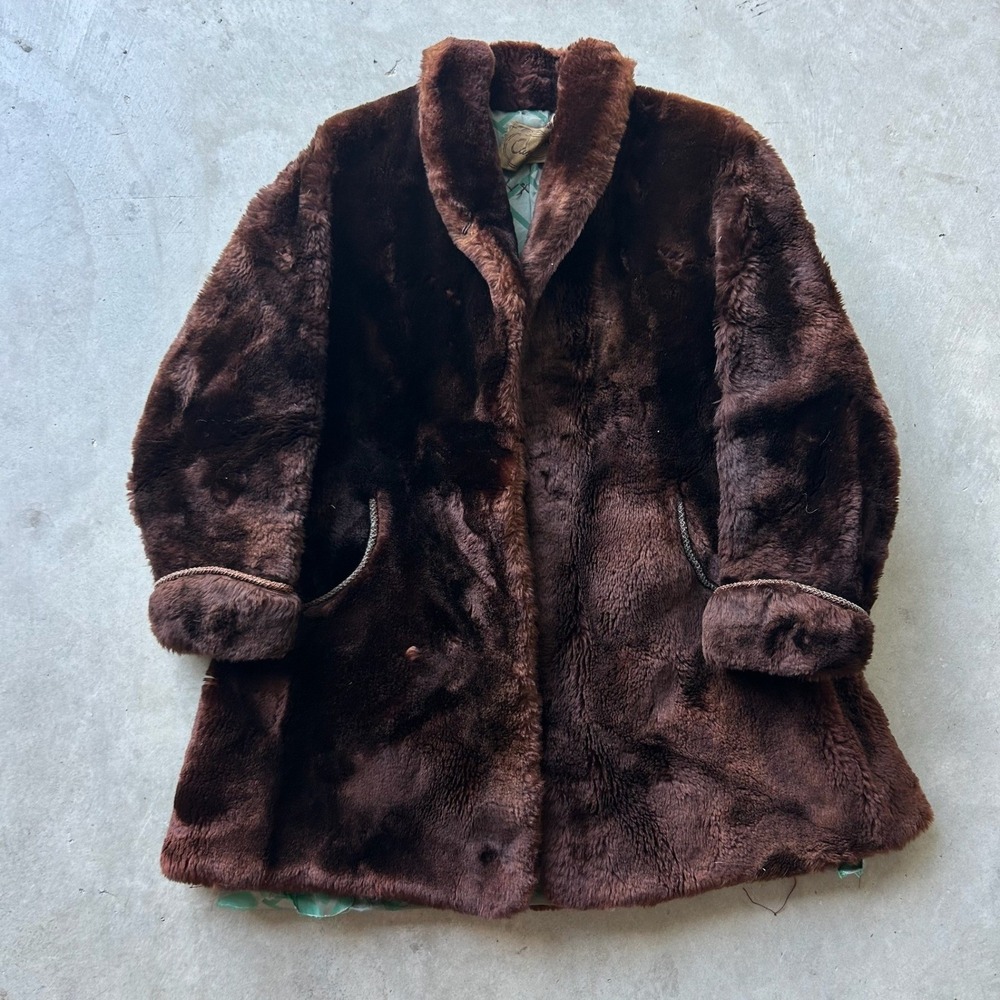 Vintage Canadian Royal Mouton Lamb Faux Fur Coat Brown Mid Century
